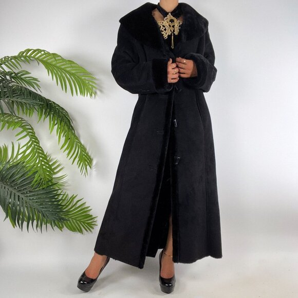 Womens Vintage Dana Buchman Black Suede Faux Fur Elegant Classy Full Long Coat - Picture 9 of 9